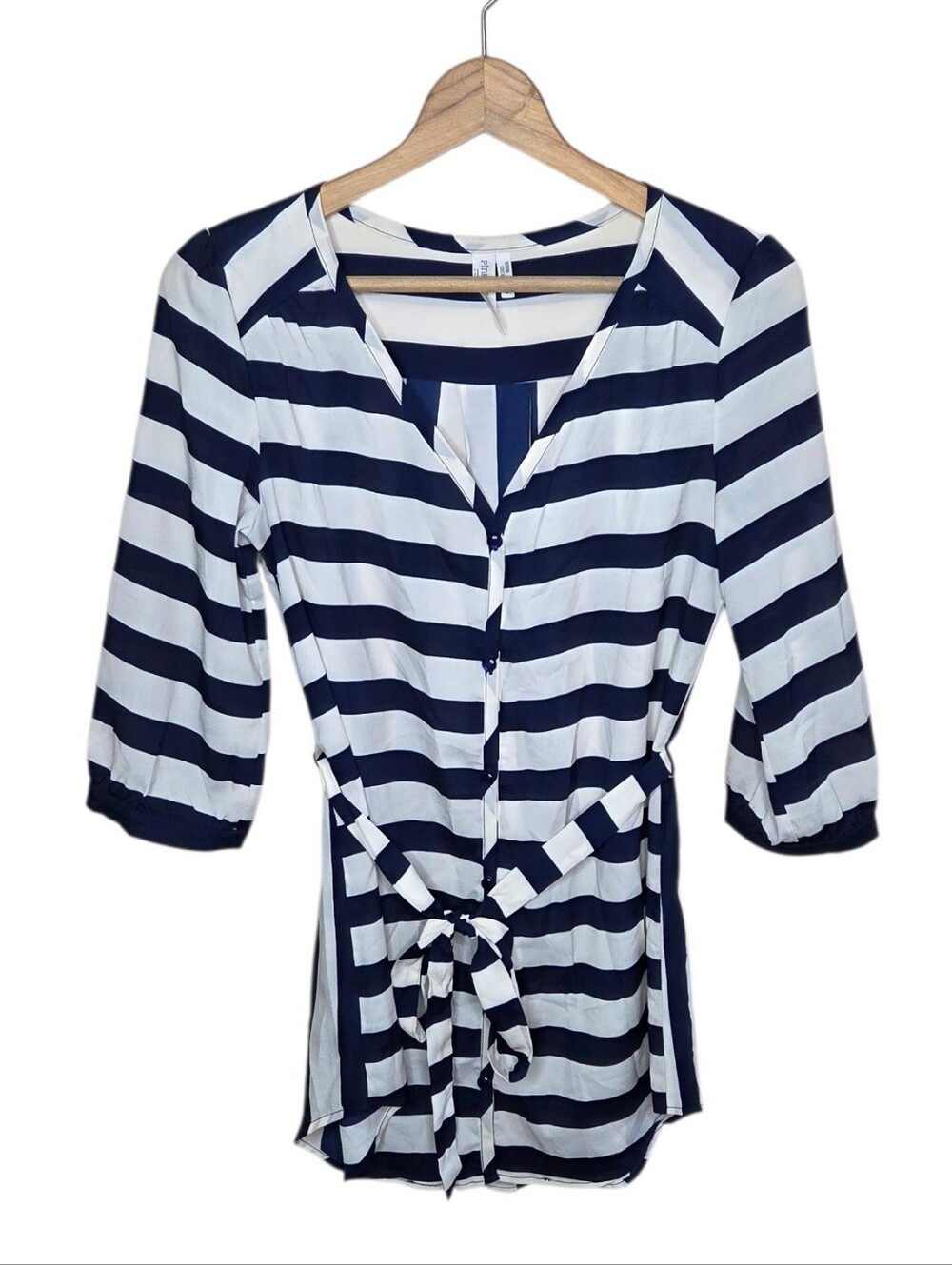 Pink Owl Navy Ivory Striped 3/4 Sleeve Tunic V-neck Button Up Blouse Size Small